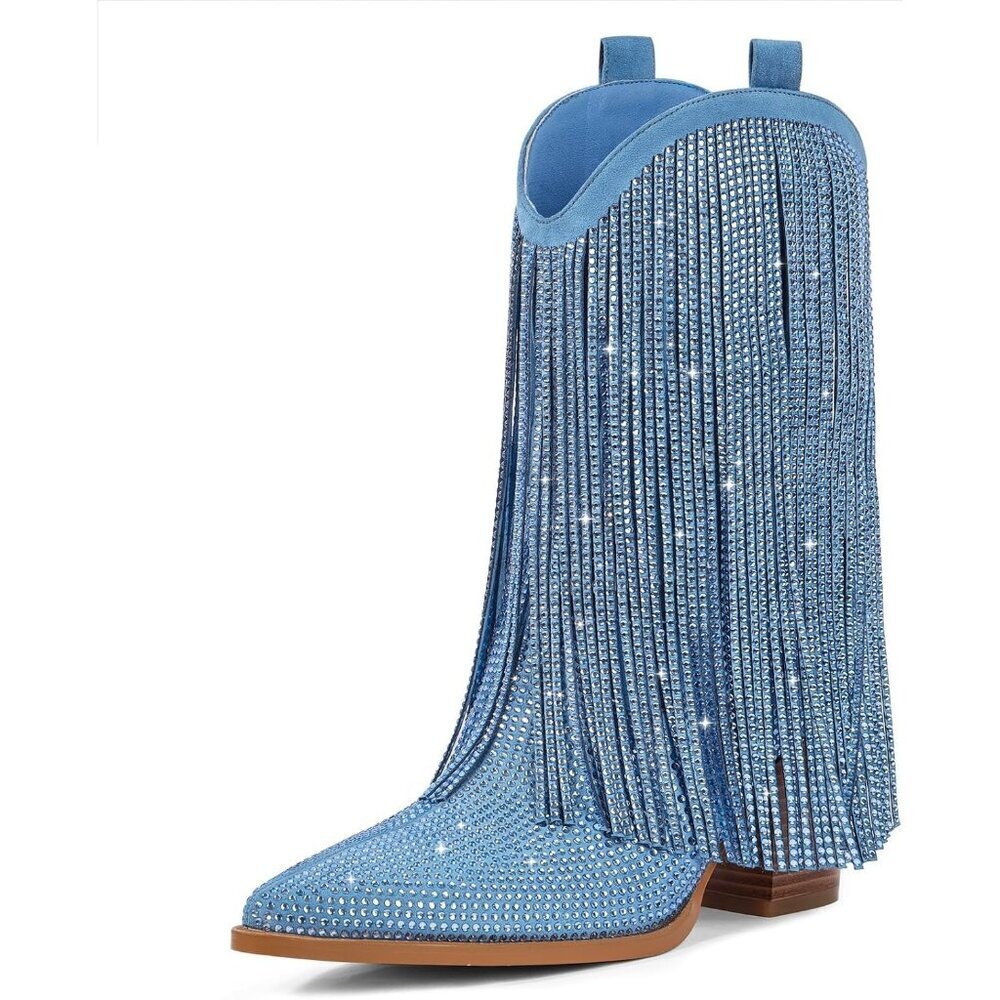 Women Cowgirl Blue Rhinestone Sparkly Fringe Chunky Pointed Toe Ankle Boots